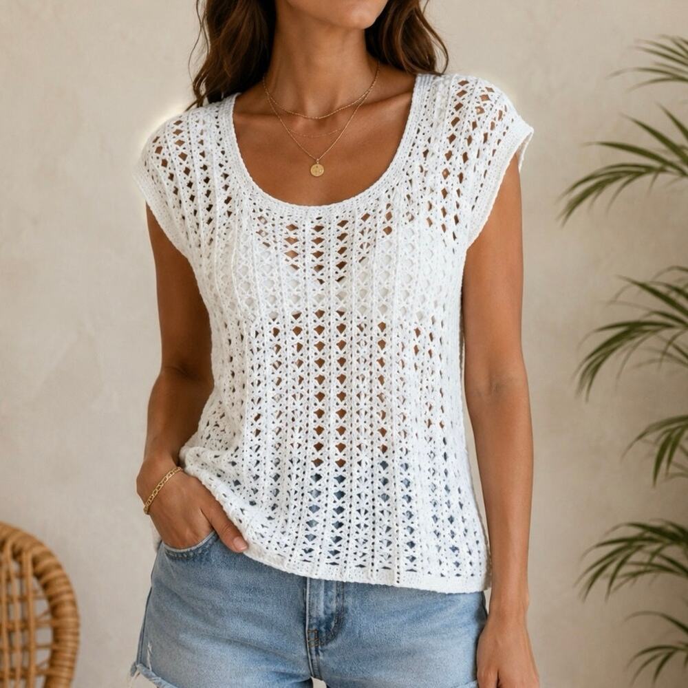 Handmade Crochet Knit Top White Open Weave Short Sleeve Boho Festival coastal ML
